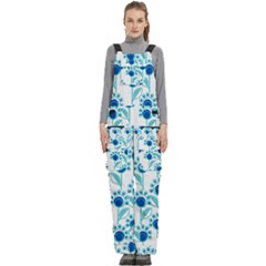Blue Daisy Minimalist Leaves   Women s Side Zip Front Pouch Ski And Snowboard Bib Pants	
