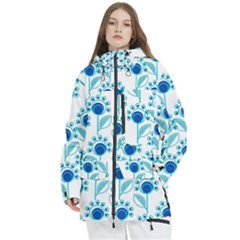Blue Daisy Minimalist Leaves   Women s Multi Pockets Zip Ski And Snowboard Waterproof Breathable Jacket