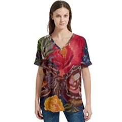 Floral Design 06 V-neck Split Shoulder Casual T-shirt