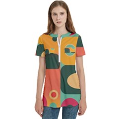 Geometric Design 08 Women s Zip Front V-neck Short Sleeve Casual Top Pocket Shirt