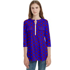 Blue Pattern Red Texture Women s Zip Front V-neck 3/4 Sleeve Casual Top Pocket Shirt