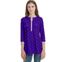 Blue Pattern Red Texture Women s Zip Front V-Neck 3/4 Sleeve Casual Top Pocket Shirt View1
