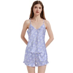 Light Purple And White Floral Pattern V-neck Satin Loungewear Set