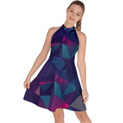 Turquoise Abstract Black Galaxy Pattern Turquoise Sleeveless Halter Neck A-line Dress