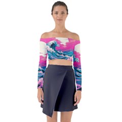 Waves Mountains Sky Long Sleeve Off Shoulder Crop Top