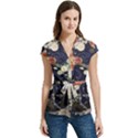 Japanese Wave Koi Illustration Pattern Women s Cap Sleeve Mandarin Collar Waist Tie Blouse View1