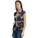 Japanese Wave Koi Illustration Pattern Women s Cap Sleeve Mandarin Collar Waist Tie Blouse View2