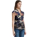 Japanese Wave Koi Illustration Pattern Women s Cap Sleeve Mandarin Collar Waist Tie Blouse View3