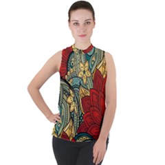 Pattern Shape Colorful Flower Leaves Mock Neck Chiffon Sleeveless Top
