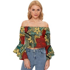 Pattern Shape Colorful Flower Leaves Off Shoulder Flutter Bell Sleeve Top
