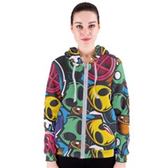 Funky Alien Pattern Abstract Colourful Drawing Women s Zipper Hoodie