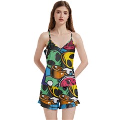 Funky Alien Pattern Abstract Colourful Drawing V-neck Satin Loungewear Set