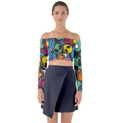 Funky Alien Pattern Abstract Colourful Drawing Long Sleeve Off Shoulder Crop Top