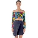 Funky Alien Pattern Abstract Colourful Drawing Long Sleeve Off Shoulder Crop Top View1