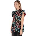 Leaves Pattern Patterns Colorful Ruffle Collar Short Sleeve Chiffon Top View2