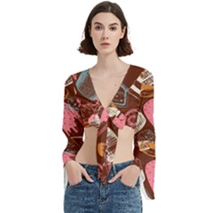 Sweet Food Seamless Pattern Trumpet Sleeve Cropped Top
