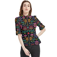 Mexican Folk Art Seamless Pattern Colorful Frill Neck Blouse