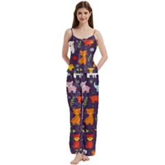Pet Animal 01 Spaghetti Top Long Pants Satin Pajamas Set