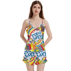Colorful City Life Horizontal Seamless Pattern Urban City V-neck Satin Loungewear Set