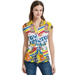 Colorful City Life Horizontal Seamless Pattern Urban City Women s Cap Sleeve Mandarin Collar Waist Tie Blouse