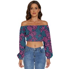 Summer Pineapples Long Sleeve Crinkled Weave Crop Top