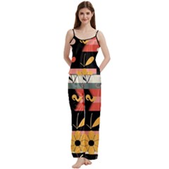  Minimalist Pattern With Simple Lines,flower And Shapes, Creating A Clean And Modern Spaghetti Top Long Pants Satin Pajamas Set