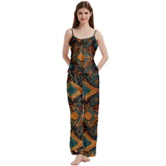 Tribal Chic Spaghetti Top Long Pants Satin Pajamas Set