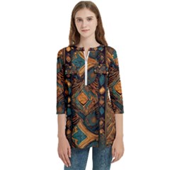 Tribal Chic Women s Zip Front V-neck 3/4 Sleeve Casual Top Pocket Shirt