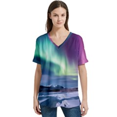Northern Lights Aurora Night Nature V-neck Split Shoulder Casual T-shirt