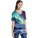 Northern Lights Aurora Night Nature V-Neck Split Shoulder Casual T-Shirt View3