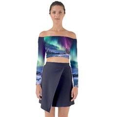Northern Lights Aurora Night Nature Long Sleeve Off Shoulder Crop Top