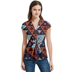 Fractal Triangle Geometric Abstract Pattern Women s Cap Sleeve Mandarin Collar Waist Tie Blouse