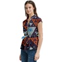 Fractal Triangle Geometric Abstract Pattern Women s Cap Sleeve Mandarin Collar Waist Tie Blouse View2
