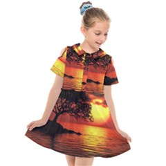 Sunset Nature Sea Dusk Landscape Kids  Short Sleeve Shirt Dress