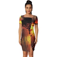 Sunset Nature Sea Dusk Landscape Fitted Knot Split End Bodycon Dress