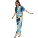 Delicate Watercolor Painting Surreal Oasis Scene With Intense Dramatic Lighting Short Sleeve Long Pants Satin Pajamas Set View2