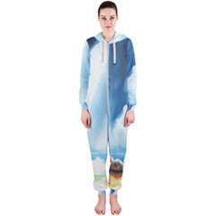 Delicate Watercolor Painting Surreal Oasis Scene With Intense Dramatic Lighting Hooded Jumpsuit (ladies)