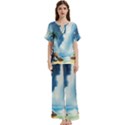 Delicate Watercolor Painting Surreal Oasis Scene With Intense Dramatic Lighting Short Sleeve Long Pants Satin Pajamas Set View1