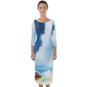Delicate Watercolor Painting Surreal Oasis Scene With Intense Dramatic Lighting Quarter Sleeve Midi Bodycon Dress View1