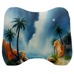 Delicate Watercolor Painting Surreal Oasis Scene With Intense Dramatic Lighting Velour Head Support Cushion