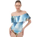 Delicate Watercolor Painting Surreal Oasis Scene With Intense Dramatic Lighting Off Shoulder Velour Bodysuit  View1