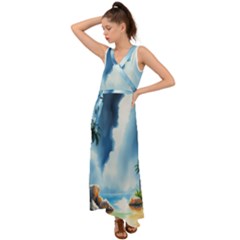 Delicate Watercolor Painting Surreal Oasis Scene With Intense Dramatic Lighting V-neck Chiffon Maxi Dress