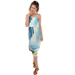 Delicate Watercolor Painting Surreal Oasis Scene With Intense Dramatic Lighting Waist Tie Cover Up Chiffon Dress