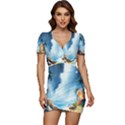Delicate Watercolor Painting Surreal Oasis Scene With Intense Dramatic Lighting Low Cut Cap Sleeve Mini Dress View1