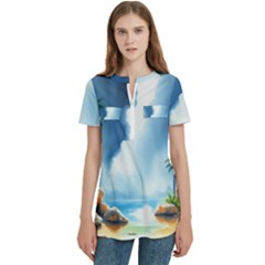 Delicate Watercolor Painting Surreal Oasis Scene With Intense Dramatic Lighting Women s Zip Front V-neck Short Sleeve Casual Top Pocket Shirt