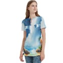 Delicate Watercolor Painting Surreal Oasis Scene With Intense Dramatic Lighting Women s Zip Front V-Neck Short Sleeve Casual Top Pocket Shirt View2