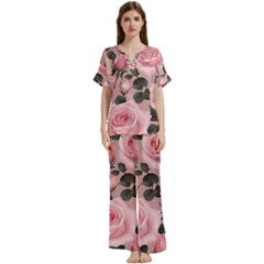 Pink Roses Short Sleeve Long Pants Satin Pajamas Set