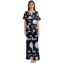 Space Galaxy Universe Stars Sky Short Sleeve Long Pants Satin Pajamas Set