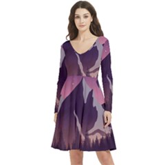 Mountain Night Crescent Moon Long Sleeve V-neck Skater Dress With Pockets