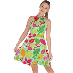Flower Flora Floral Nature Pattern Seamless Sleeveless Halter Neck A-line Dress